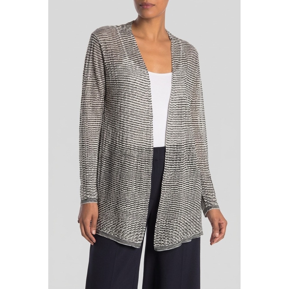 Eileen Fisher Fine Organic Linen Crepe Knit Cardigan 3X Striped Open Front Layer